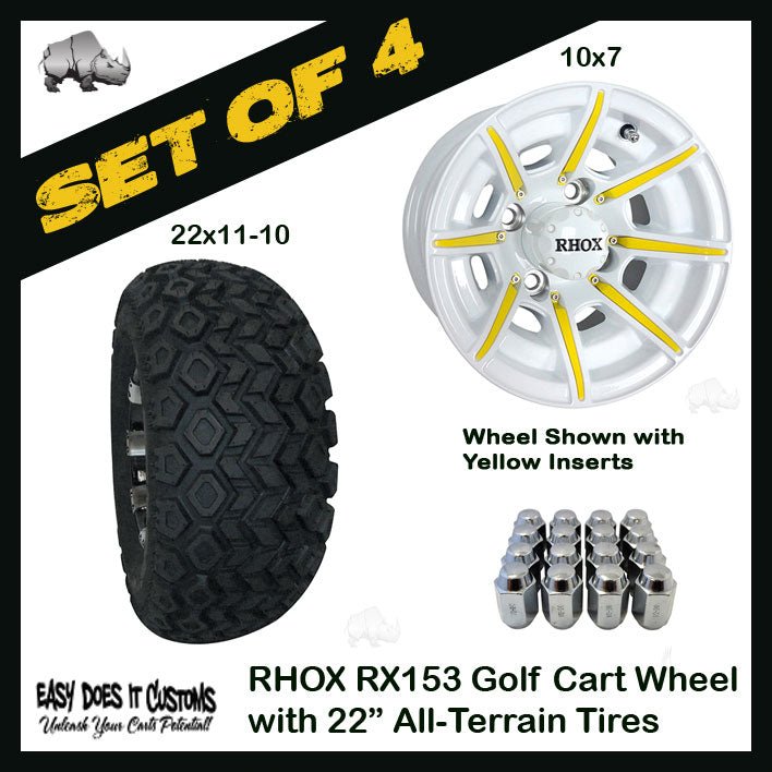 10" RHOX 8 Spoke White Wheels WITH 22" ALL-TERRAIN TIRES - SET OF 4 Golf Cart Wheels - Easy Does It Customs LLC