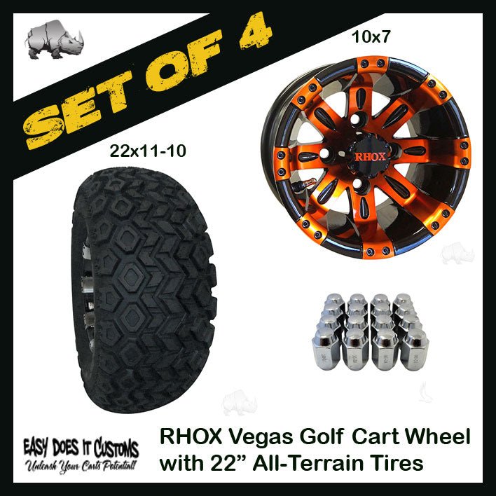 10" RHOX Vegas Wheels WITH 22" ALL-TERRAIN GOLF CART TIRES IN MULTIPLE COLOR OPTIONS - SET OF 4 - Easy Does It Customs LLC
