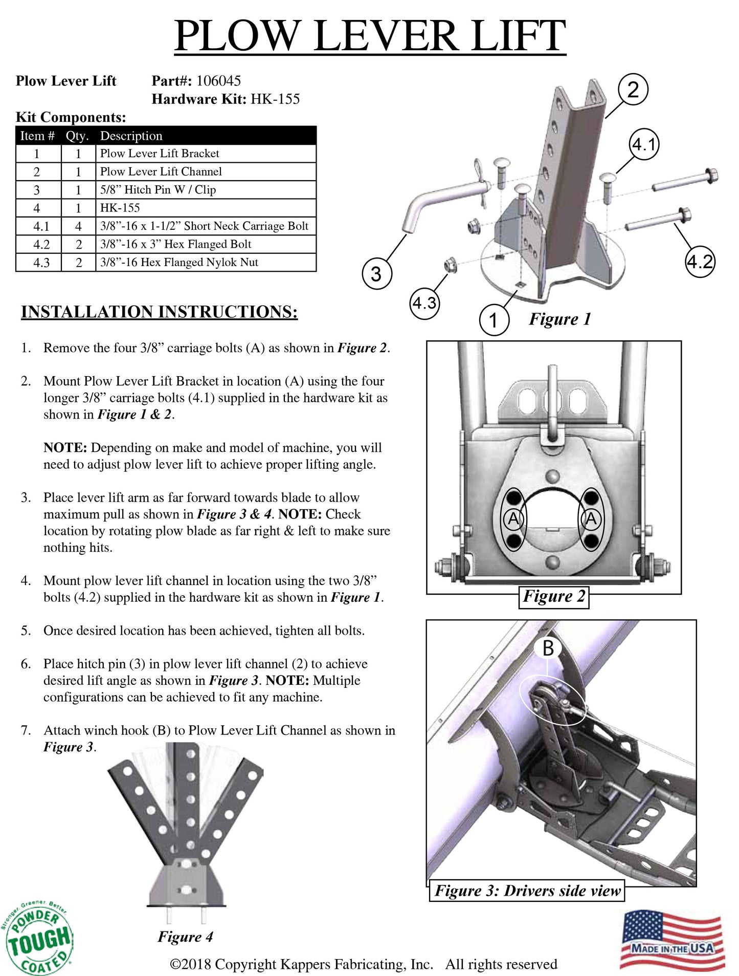 KFI UTV Plow Lever Lift 106045