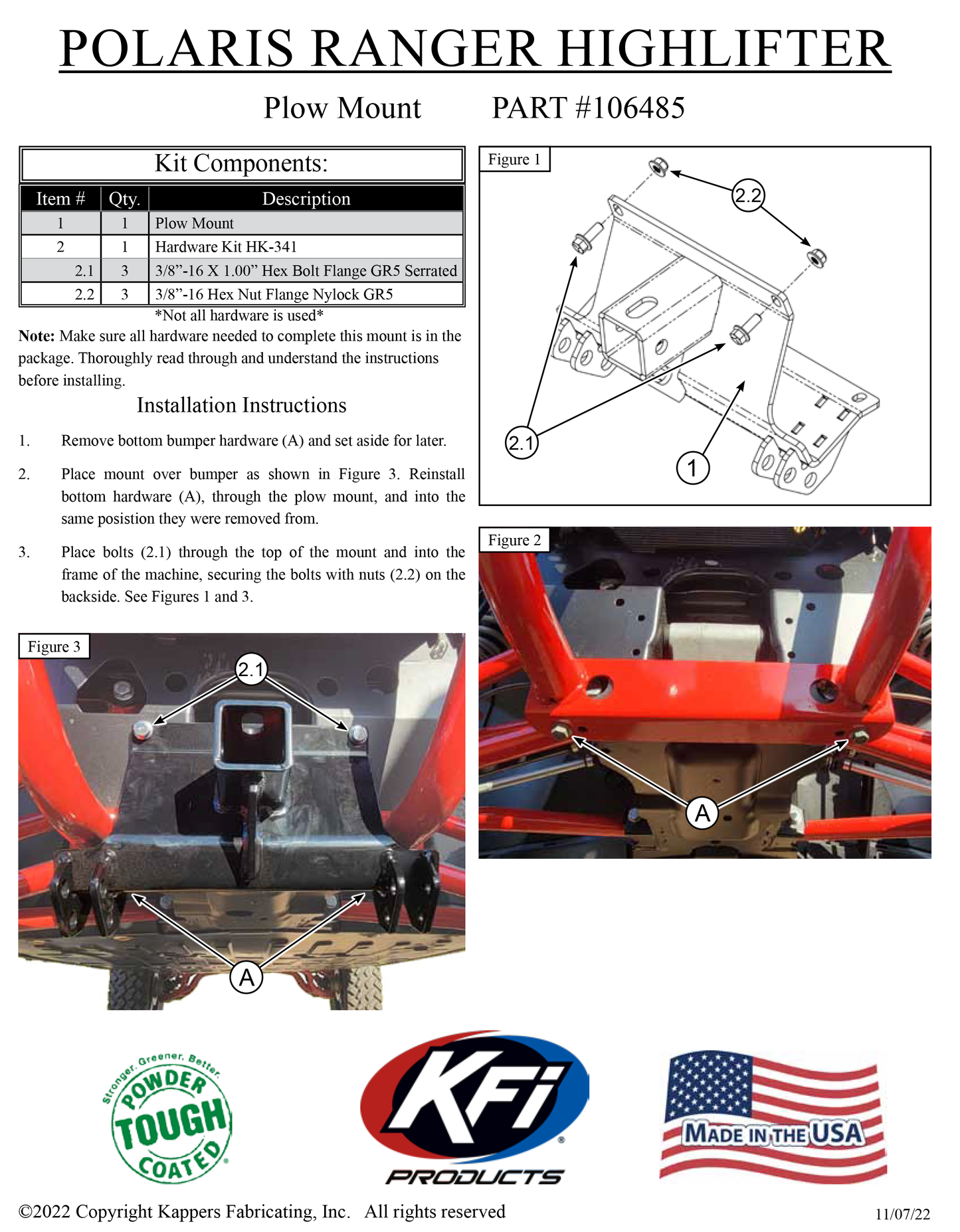 Polaris Full-Size Ranger XP 1000 Waterfowl Edition - 2021-2022 - Snow Plow Mount 106485