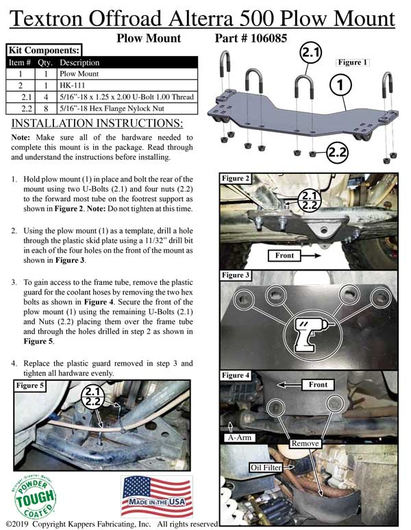 Arctic Cat 500 Alterra 4x4 2017-2018 ATV KFI Plow Mount 106085