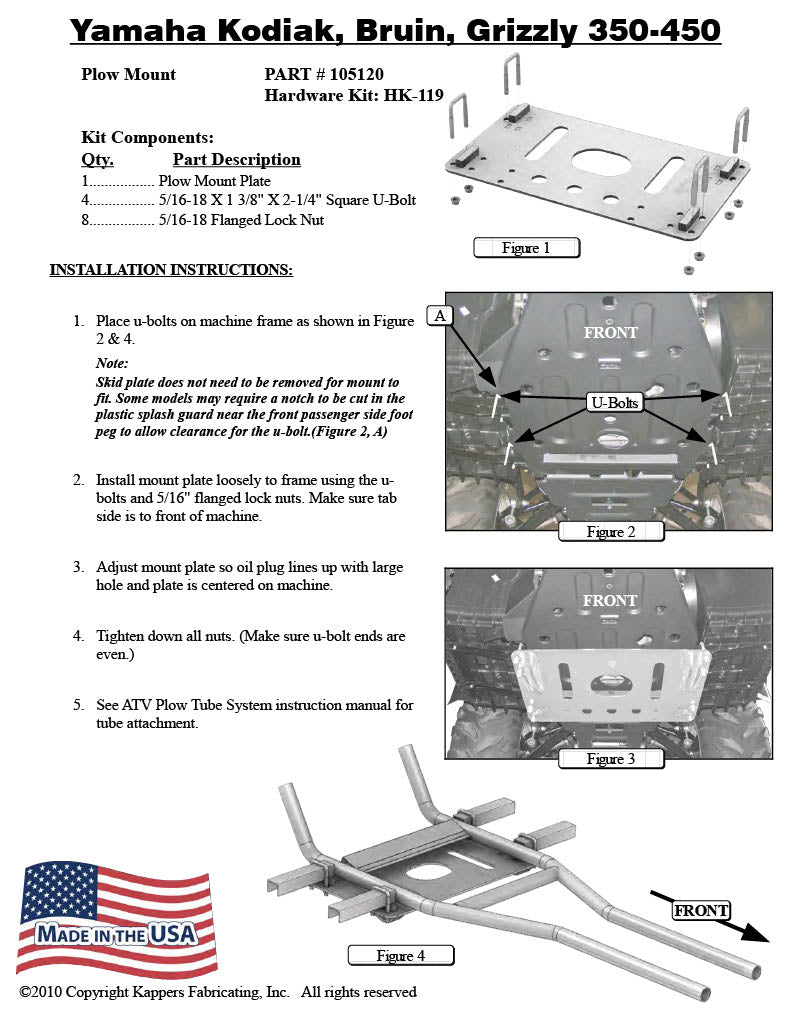 Yamaha 350 Kodiak 4x4 (Canada) - 2007 - 2014 ATV KFI PLOW MOUNT 105120
