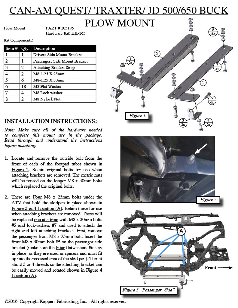 John Deere 500 / 650 Buck - 2004-2006 ATV KFI Plow Mount 105195