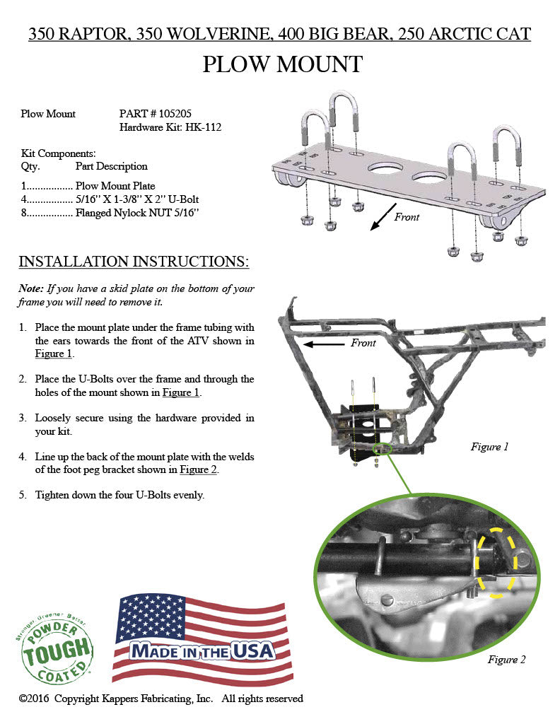 Yamaha 350 Raptor - 2005-2006 ATV KFI Plow Mount 105205