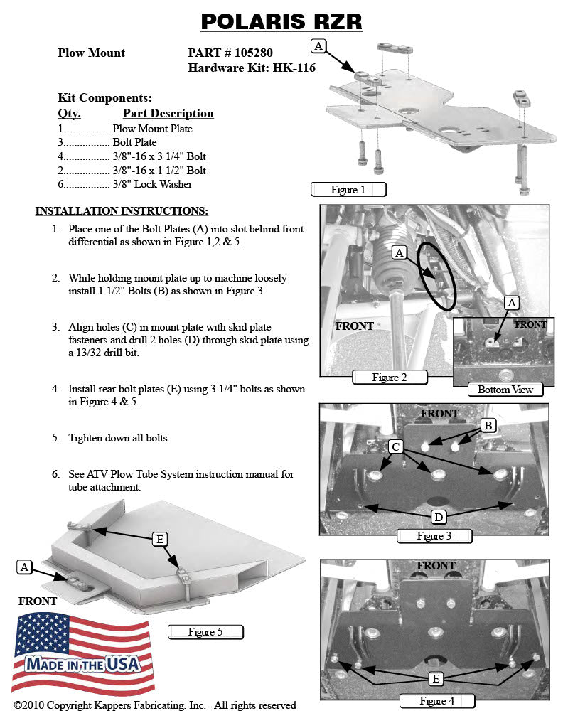 POLARIS 800 RZR 4 (Base/EPS) 2010-2014 KFI Snow Plow Mid-Mount 105280