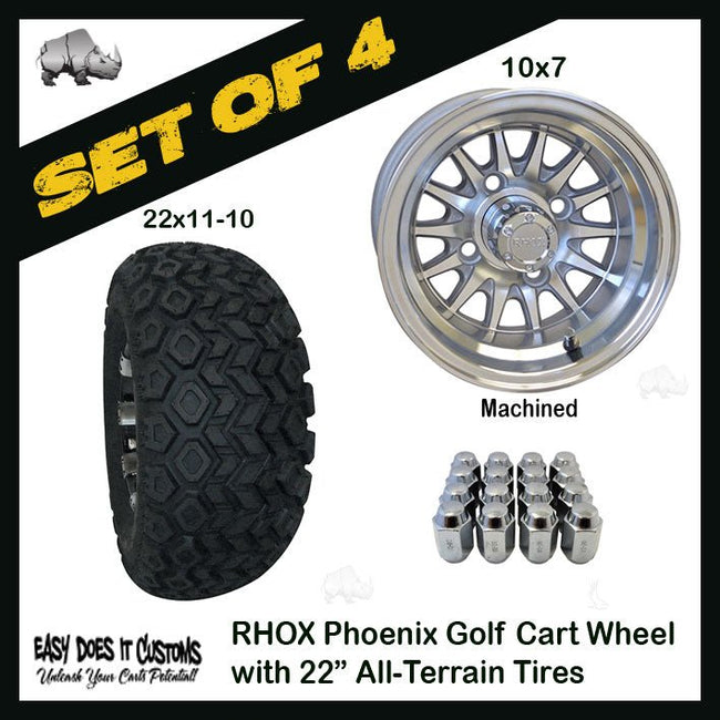 10" Phoenix Machined Wheels WITH 22" ALL-TERRAIN TIRES - SET OF 4 Golf Cart Tires - Easy Does It Customs LLC