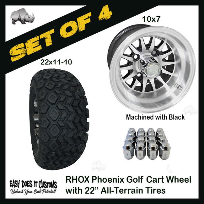 10" Phoenix Machined with Black Wheels WITH 22" ALL-TERRAIN TIRES - SET OF 4 Golf Cart Tires - Easy Does It Customs LLC
