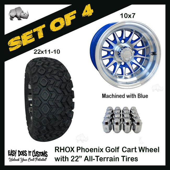 10" Phoenix Machined with Blue Wheels WITH 22" ALL-TERRAIN TIRES - SET OF 4 Golf Cart Tires - Easy Does It Customs LLC