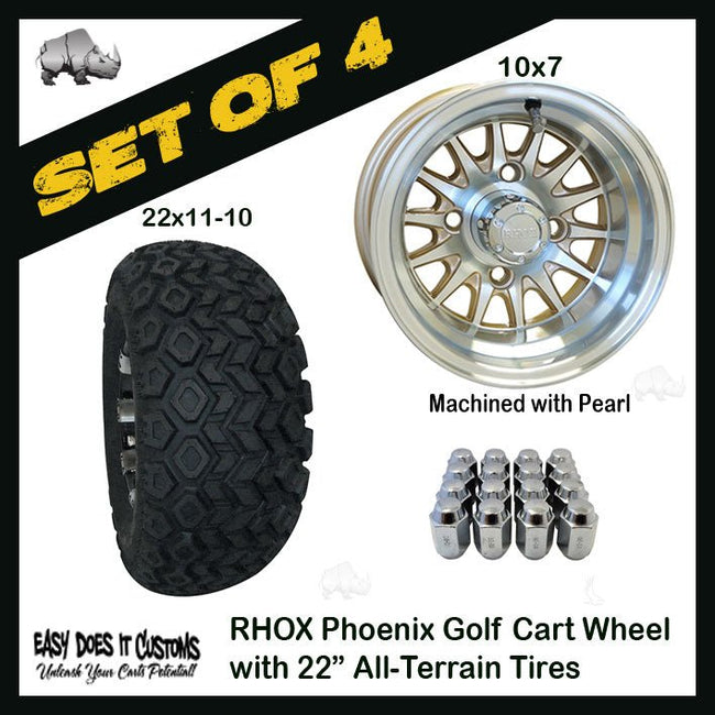 10" Phoenix Machined with Pearl Wheels WITH 22" ALL-TERRAIN TIRES - SET OF 4 Golf Cart Tires - Easy Does It Customs LLC