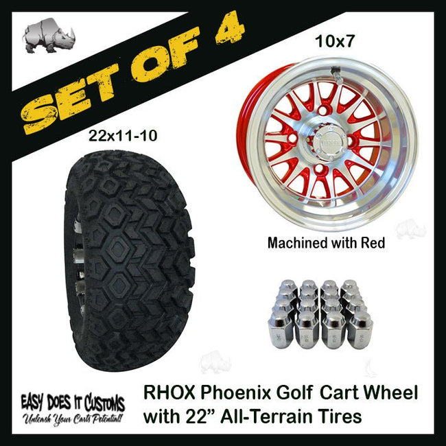 10" Phoenix Machined with Red Wheels WITH 22" ALL-TERRAIN TIRES - SET OF 4 Golf Cart Tires - Easy Does It Customs LLC