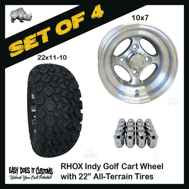 10" RHOX 4-Spoke Indy Machined Wheels WITH 22" ALL-TERRAIN TIRES - SET OF 4 Golf Cart Tires - Easy Does It Customs LLC