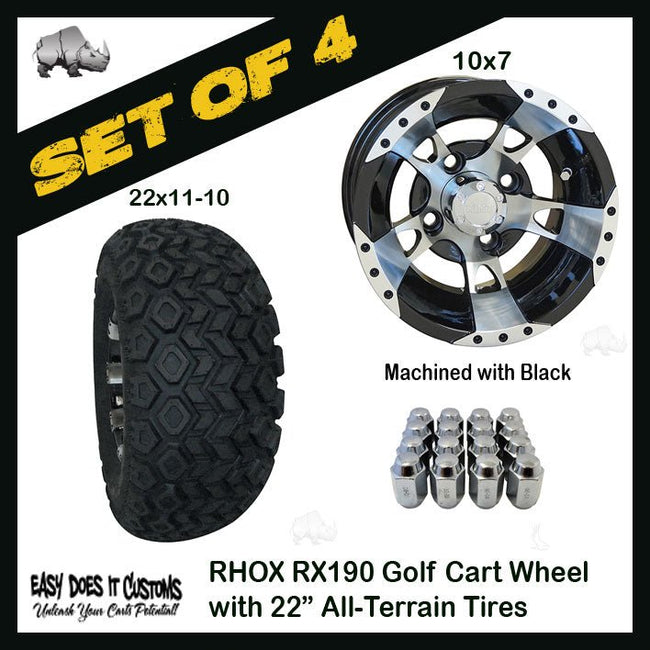 10" RHOX 5-Spoke Machined with Black Wheels WITH 22" ALL-TERRAIN TIRES - SET OF 4 Golf Cart Wheels - Easy Does It Customs LLC