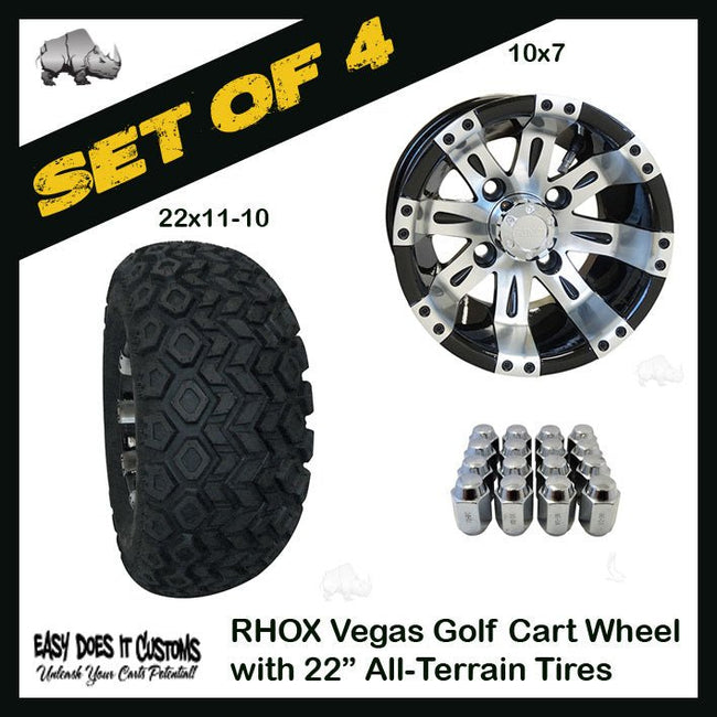 10" RHOX Vegas Wheels WITH 22" ALL-TERRAIN GOLF CART TIRES - BLACK AND MACHINED - SET OF 4 WHEELS AND 4 TIRES. - Easy Does It Customs LLC