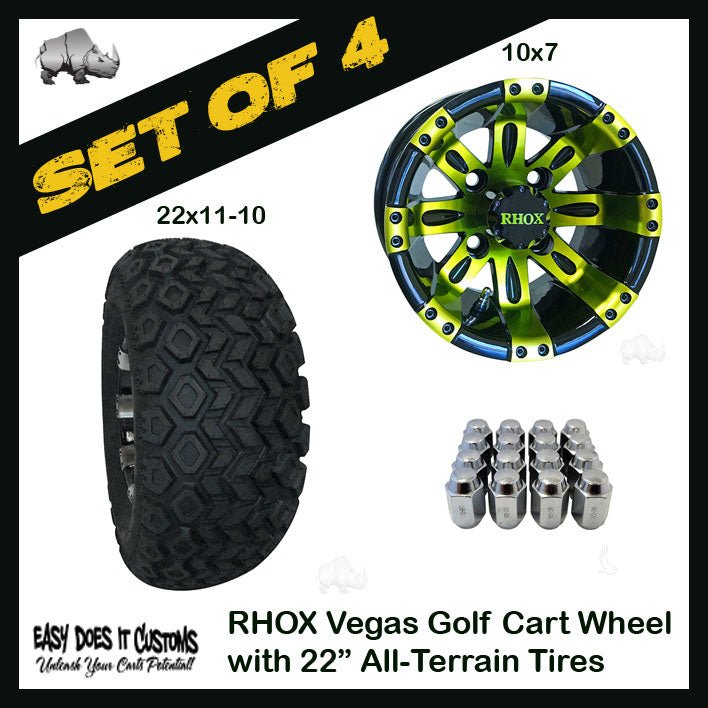 10" RHOX Vegas Wheels WITH 22" ALL-TERRAIN GOLF CART TIRES IN MULTIPLE COLOR OPTIONS - SET OF 4 - Easy Does It Customs LLC