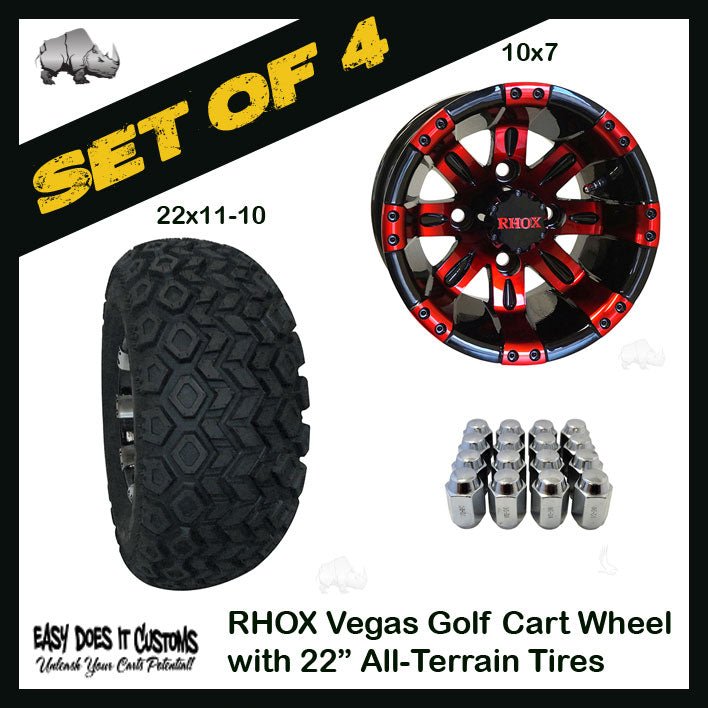 10" RHOX Vegas Wheels WITH 22" ALL-TERRAIN GOLF CART TIRES IN MULTIPLE COLOR OPTIONS - SET OF 4 - Easy Does It Customs LLC