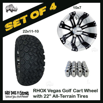 10" RHOX Vegas Wheels WITH 22" ALL-TERRAIN GOLF CART TIRES IN MULTIPLE COLOR OPTIONS - SET OF 4 - Easy Does It Customs LLC