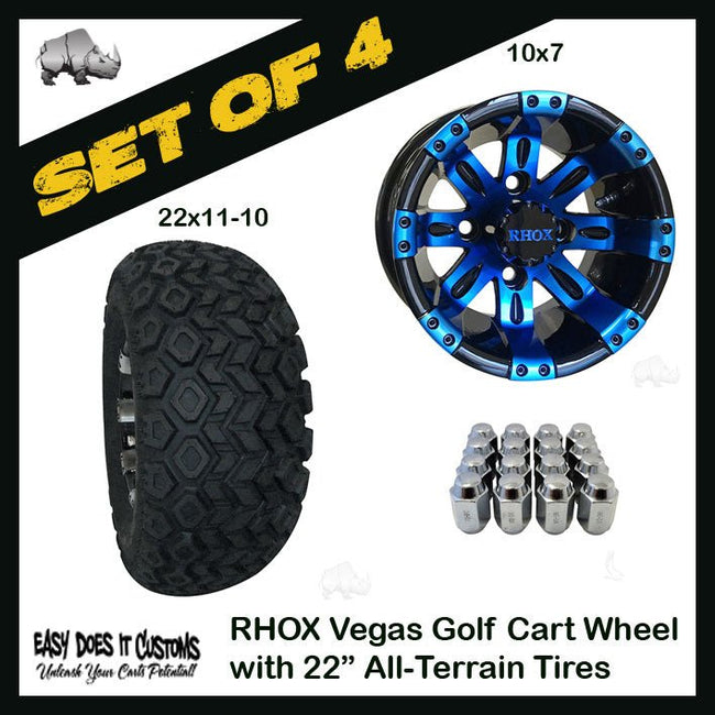 10" RHOX Vegas Wheels WITH 22" ALL-TERRAIN GOLF CART TIRES IN MULTIPLE COLOR OPTIONS - SET OF 4 - Easy Does It Customs LLC