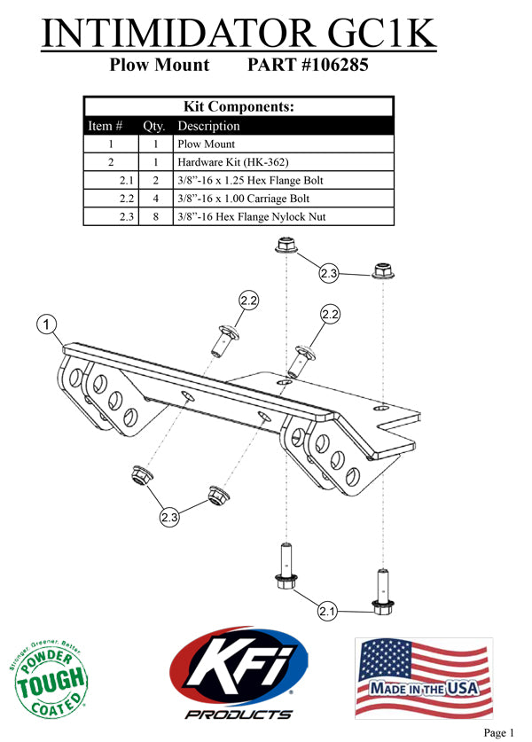 Intimidator GC1K / GC1K Crew / GC1K Truck / Classic - KFI UTV Plow Kit 106285