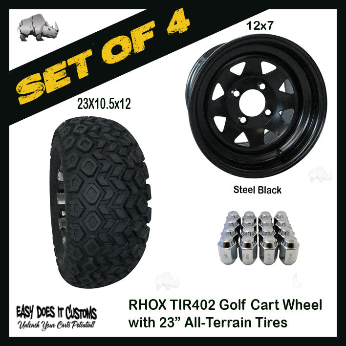 TIR-402 12" RHOX 8 Spoke Steel Black Wheels with 23" ALL-TERRAIN TIRES - SET OF 4