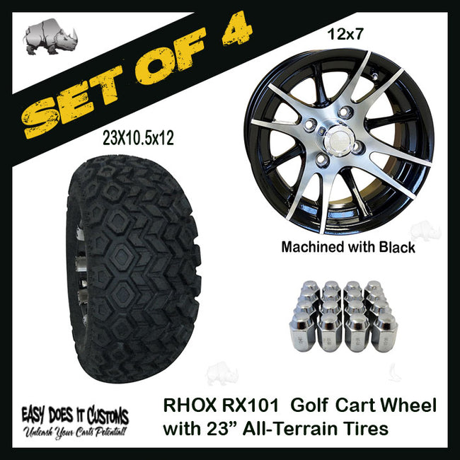RX101 12" RHOX 12 Spoke, Machined with Black Wheels with 23" ALL-TERRAIN TIRES - SET OF 4