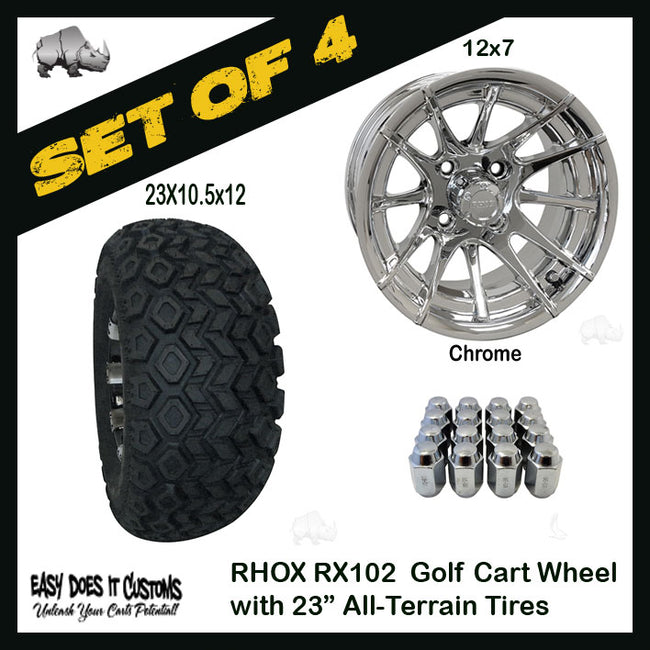 RX102 12" RHOX 12 Spoke Chrome Wheels with 23" ALL-TERRAIN TIRES - Golf Cart Tires - SET OF 4