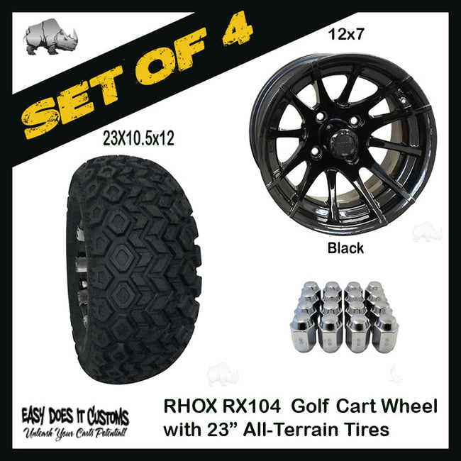 RX104 12" RHOX 12 Spoke with Black Wheels with 23" ALL-TERRAIN TIRES - SET OF 4