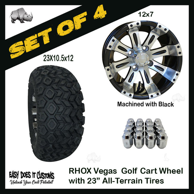 RX180 12" - 8 Spoke Vegas Machined with Black Wheels with 23" ALL-TERRAIN TIRES - SET OF 4