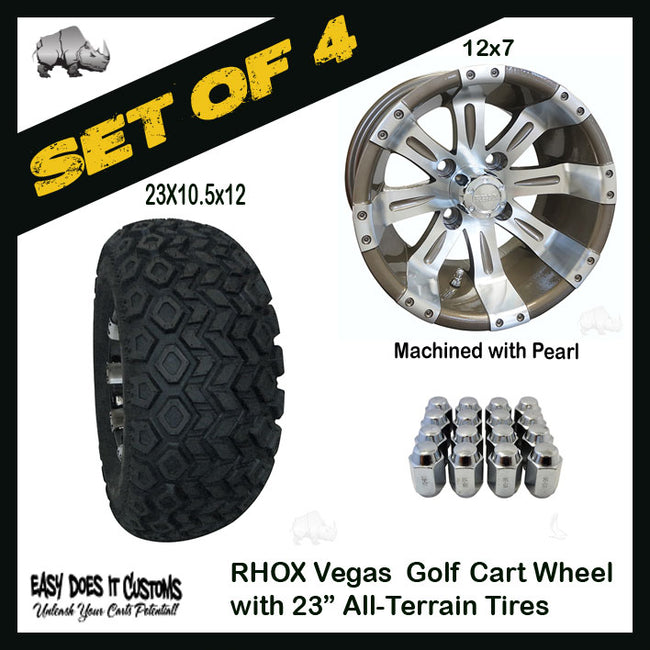 RX181 12" RHOX 12 Spoke Vegas Machined with Pearl Wheels with 23" ALL-TERRAIN TIRES - SET OF 4