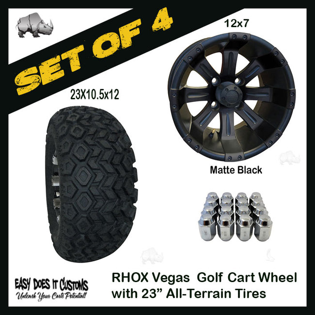 RX184 12" RHOX 8 Spoke Vegas Matte Black Wheels with 23" ALL-TERRAIN TIRES - SET OF 4