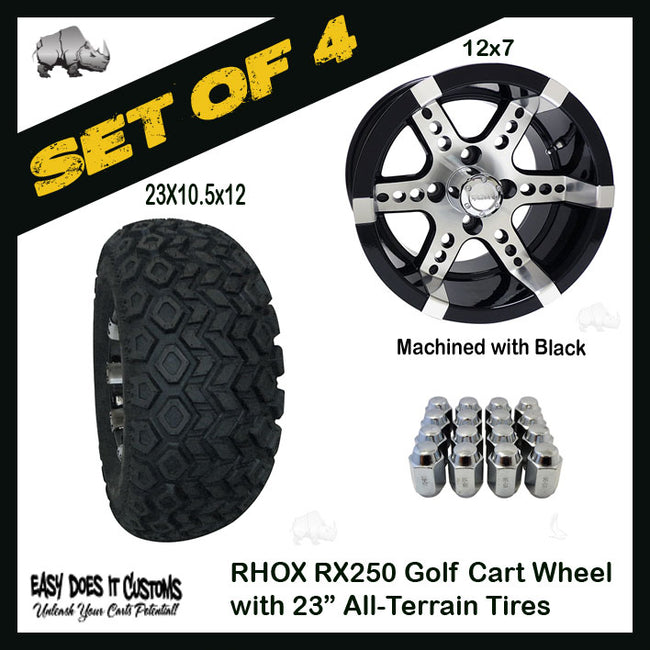 RX250 12"- 6 Spoke Machined with Black RHOX Wheels with 23" ALL-TERRAIN TIRES - MACHINED WITH BLACK - SET OF 4