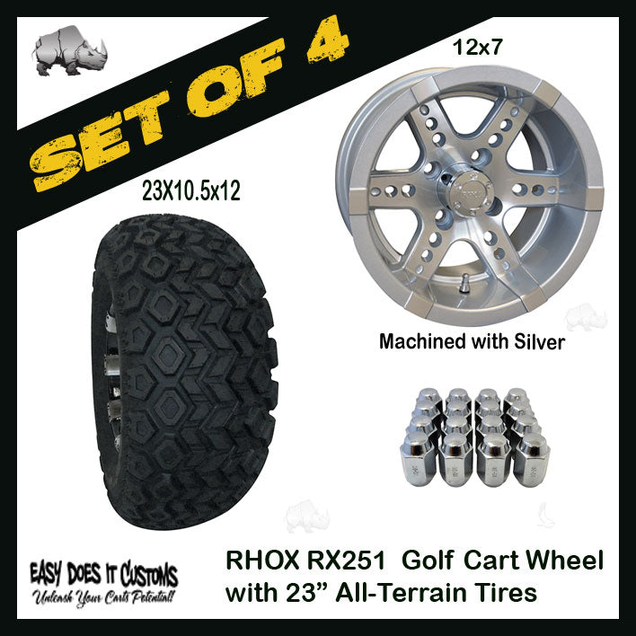 RX251 12" RHOX 6 Spoke Machined with Silver Wheels with 23" ALL-TERRAIN TIRES - SET OF 4