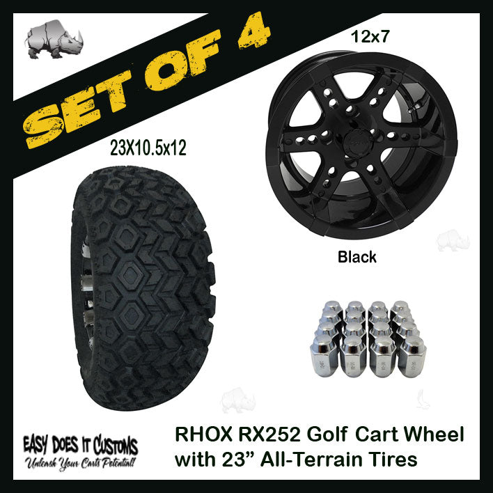 RX252 12"- 6 Spoke Black RHOX Wheels with 23" ALL-TERRAIN TIRES - SET OF 4