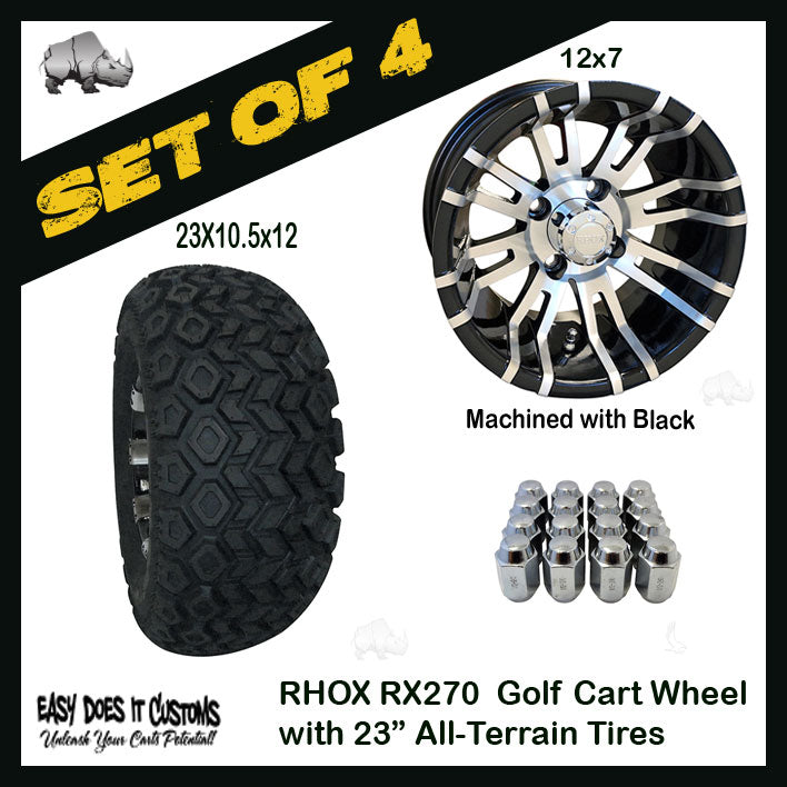 RX270 12" RHOX 8 Spoke Machined with Black Wheels with 23" ALL-TERRAIN TIRES - SET OF 4