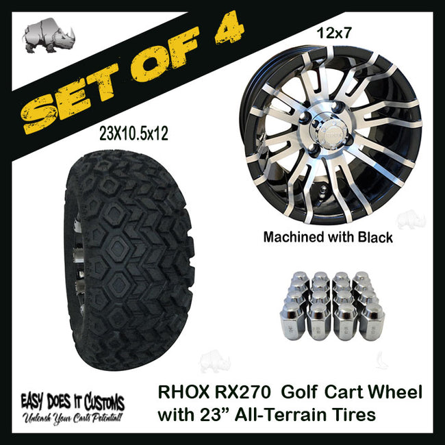 RX270 12" RHOX 8 Spoke Machined with Black Wheels with 23" ALL-TERRAIN TIRES - SET OF 4