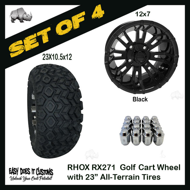 RX271 12" RHOX 8 Spoke Black Wheels with 23" ALL-TERRAIN TIRES - SET OF 4