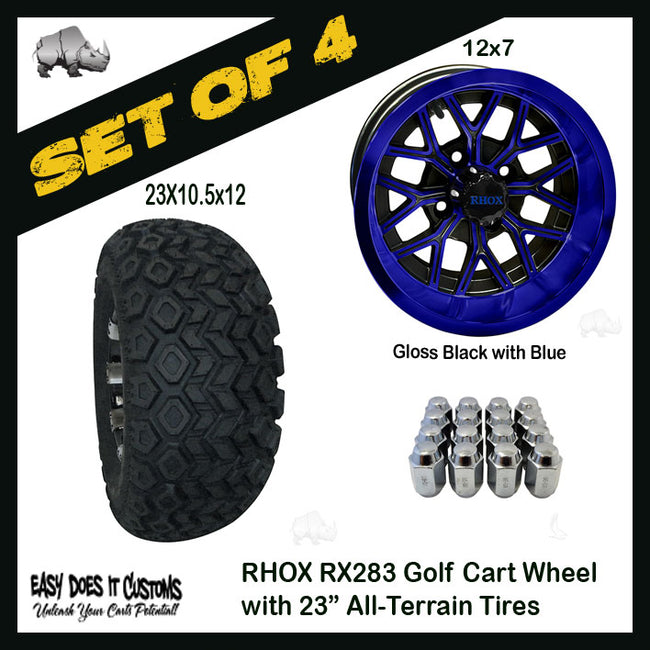 RX283 12" RHOX Multi-Spoke Gloss Black with Blue Wheels with 23" ALL-TERRAIN TIRES - Black and Blue - SET OF 4