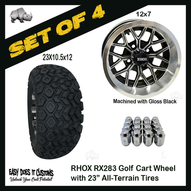 RX283 12" RHOX Machined with Gloss Black Wheels with 23" ALL-TERRAIN TIRES - SET OF 4