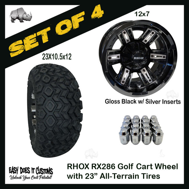 RX286-B 12" RHOX Gloss Black Wheels with Silver and 23" ALL-TERRAIN TIRES - SET OF 4