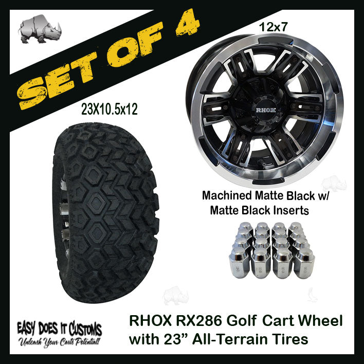 RX286-MB 12" RHOX Machined Matte Black with Matte Black Insert and 23" ALL-TERRAIN TIRES - SET OF 4