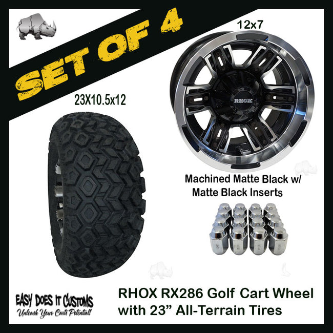 RX286-MB 12" RHOX Machined Matte Black with Matte Black Insert and 23" ALL-TERRAIN TIRES - SET OF 4