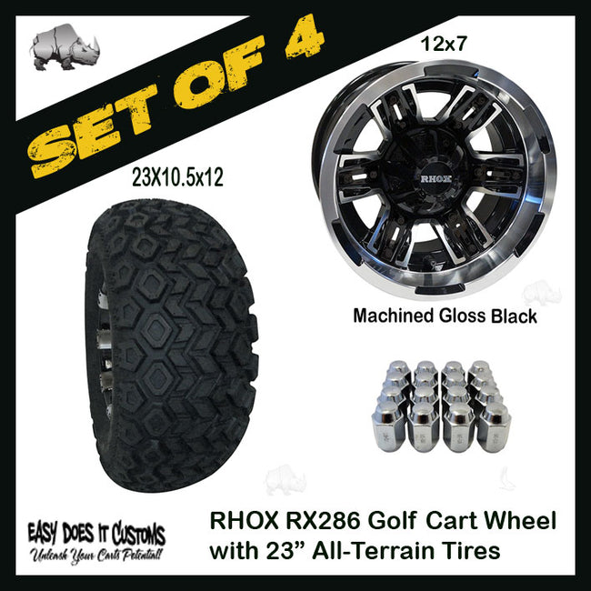 RX286 12" RHOX Machined Gloss Black Wheels with 23" ALL-TERRAIN TIRES - SET OF 4