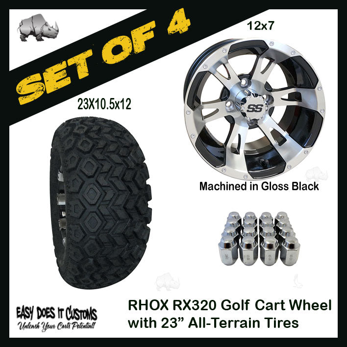 RX320 12" RHOX 6 Spoke Machined in Gloss Black Wheels with 23" ALL-TERRAIN TIRES - Golf Cart Tires - SET OF 4