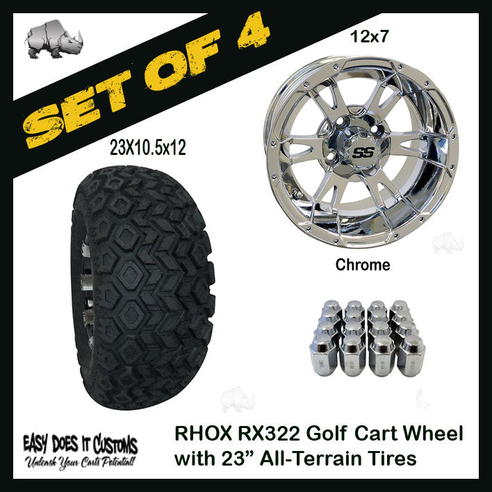 RX322 12" RHOX 6 Spoke Chrome Wheels with 23" ALL-TERRAIN TIRES - Golf Cart Tires - SET OF 4