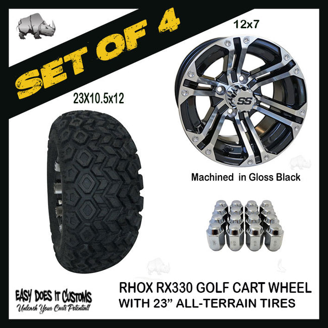 RX330 12" RHOX 6 Spoke Machined with Gloss Black Wheels with 23" ALL-TERRAIN TIRES - Golf Cart Tires - SET OF 4