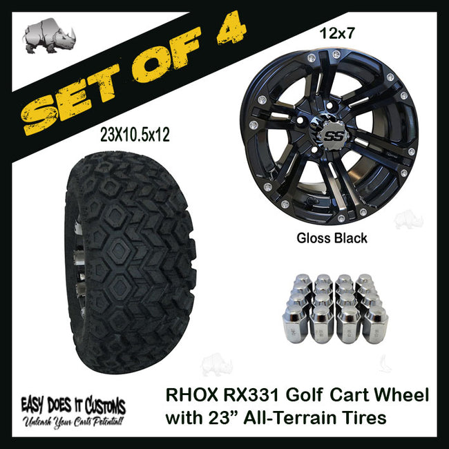 RX331 12" RHOX 6 Spoke Gloss Black Wheels with 23" ALL-TERRAIN TIRES - Golf Cart Tires - SET OF 4