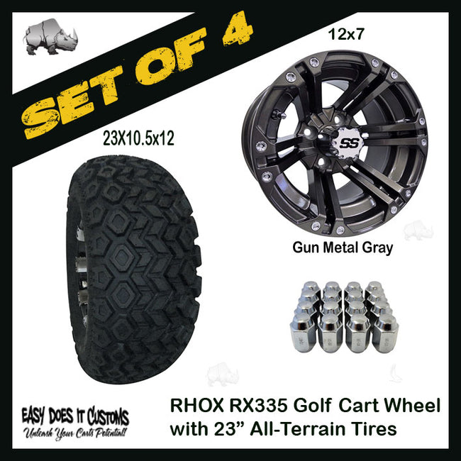 RX335 12" RHOX 6 Spoke Gun Metal Gray Wheels with 23" ALL-TERRAIN TIRES - Golf Cart Tires - SET OF 4