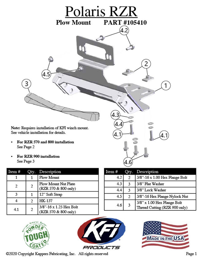 Polaris RZR KFI PLOW MOUNT KIT 105410