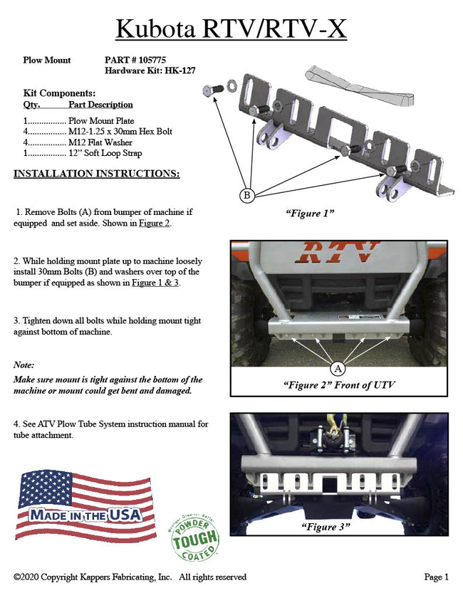 KFI OPEN TRAIL PLOW MOUNT KUBOTA RTV 400ci/500 105775