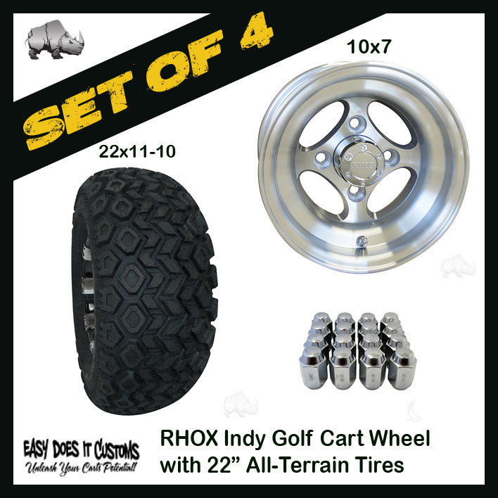 10" RHOX 4-Spoke Indy Machined Wheels WITH 22" ALL-TERRAIN TIRES - SET OF 4 Golf Cart Tires