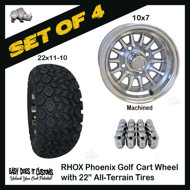10" Phoenix Machined  Wheels WITH 22" ALL-TERRAIN TIRES - SET OF 4 Golf Cart Tires